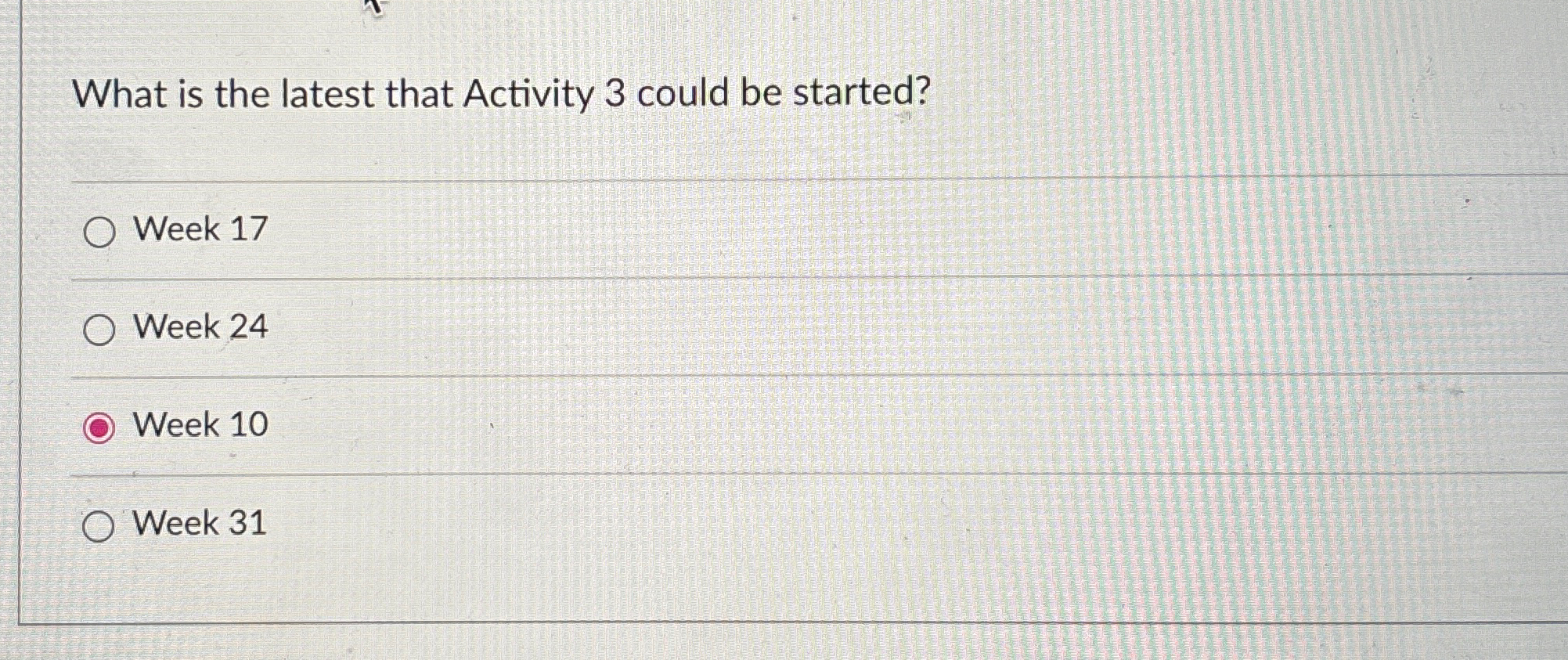  What is the latest that Activity 3 could be started? Week