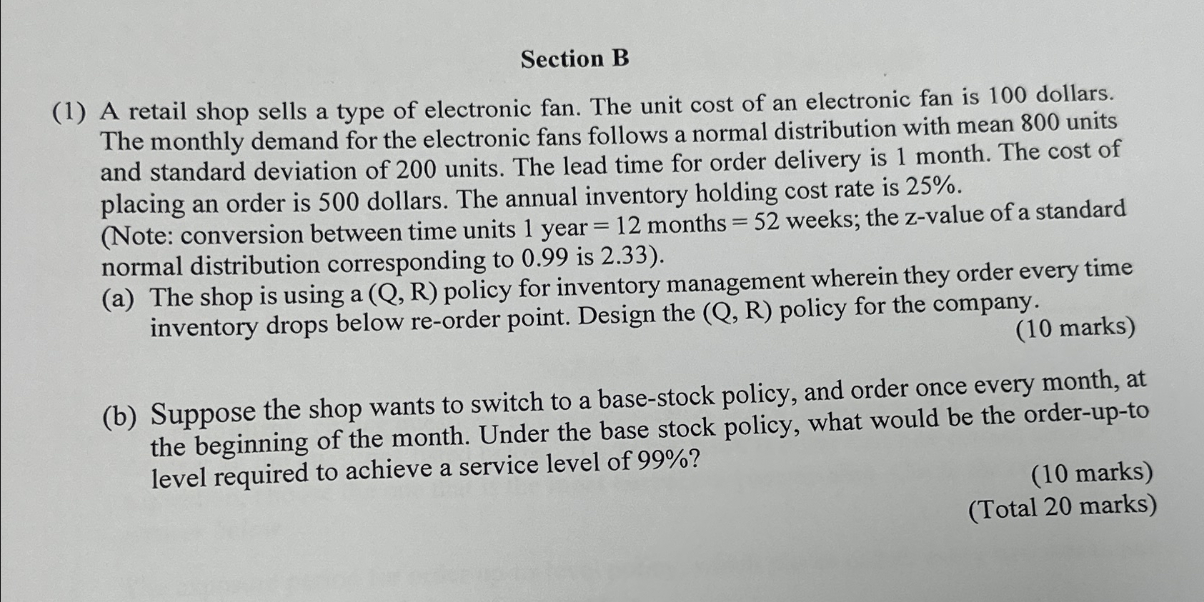  Section B (1) A retail shop sells a type of electronic