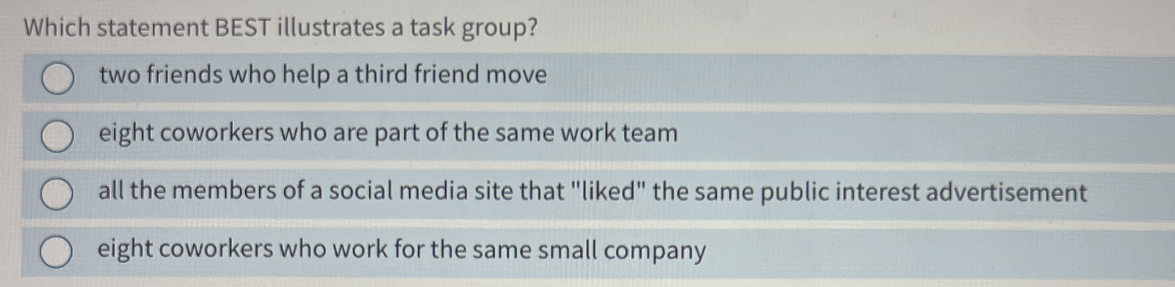  Which statement BEST illustrates a task group? two friends who help