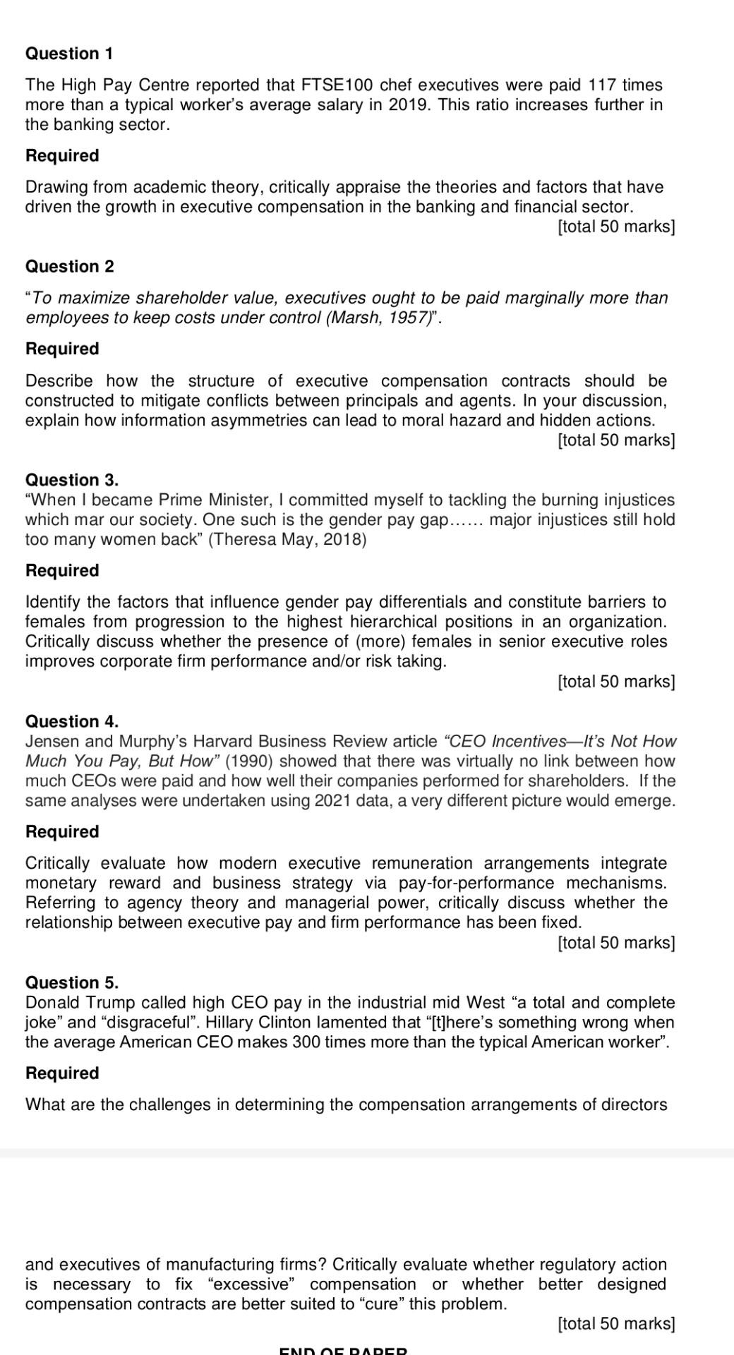  Question 1 The High Pay Centre reported that FTSE100 chef executives