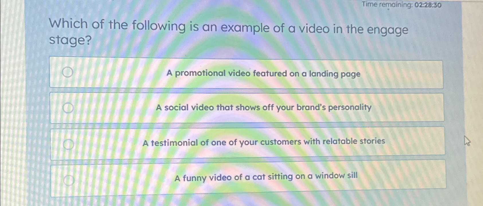  Time remaining: 02:28:30 Which of the following is an example of