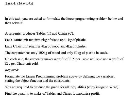 In this task, you are asked to formulate the linear programming