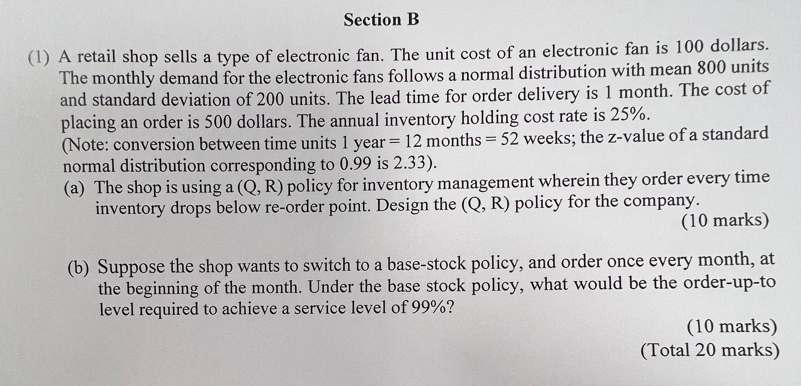  Section B (1) A retail shop sells a type of electronic