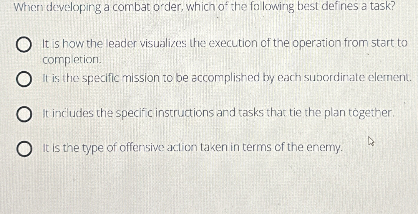  When developing a combat order, which of the following best defines