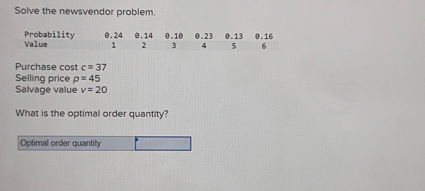  Solve the newsvendor problem. \table[[Probability,0.24,0.14,0.10,0.23,0.13,0.16],[Value,1,2,3,4,5,6]] Purchase cost c=37 Selling price p=45