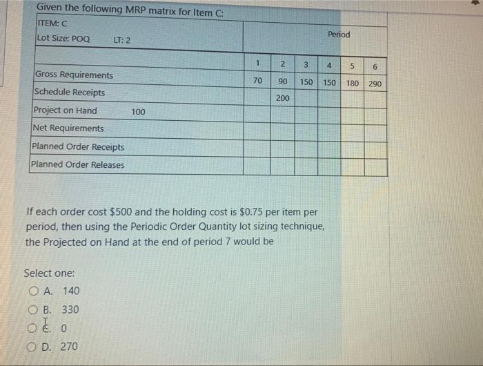  Given the following MRP matrix for Item C: If each order