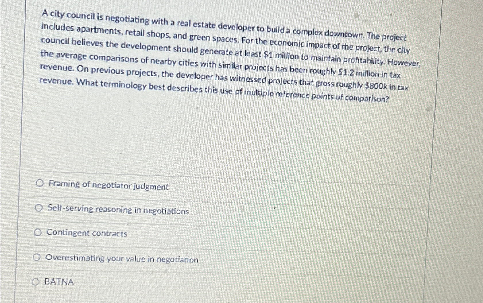  A city council is negotiating with a real estate developer to