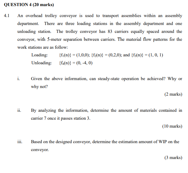  QUESTION 4 (20 marks) 4.1 An overhead trolley conveyor is used