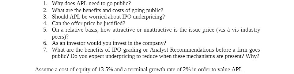  1. Why does APL need to go public? 2. What are