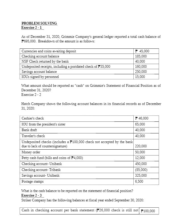  PROBLEM SOLVING Exercise 2 - 1 As of December 31, 2020,