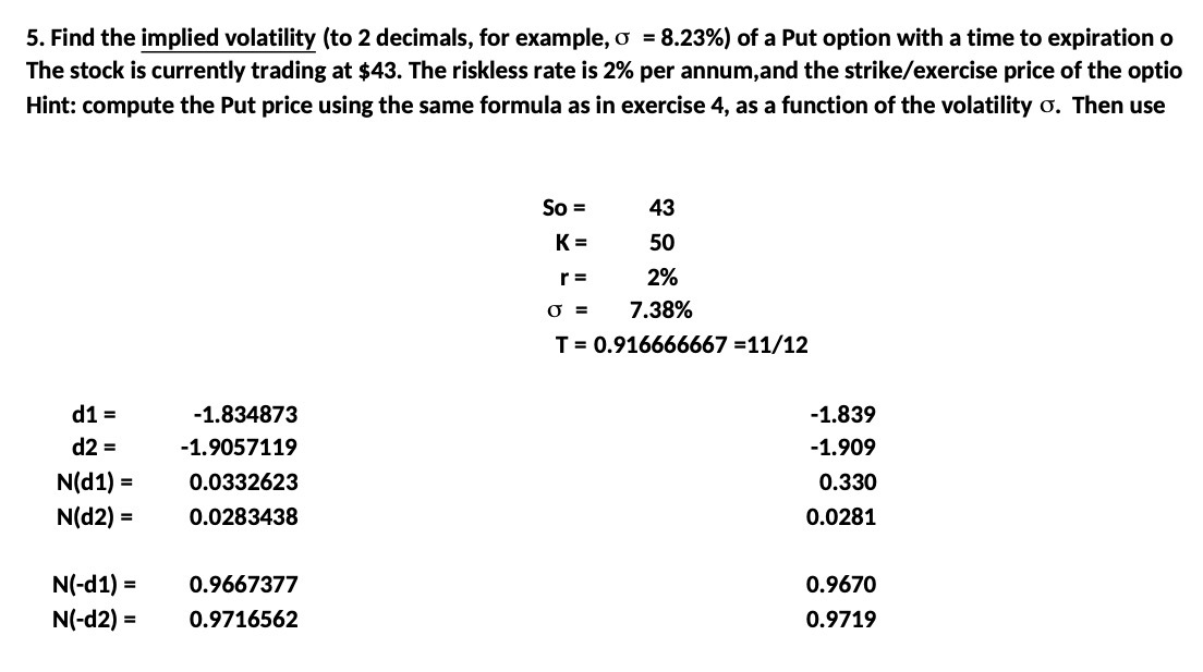  5. Find the implied volatility (to 2 decimals, for example, o
