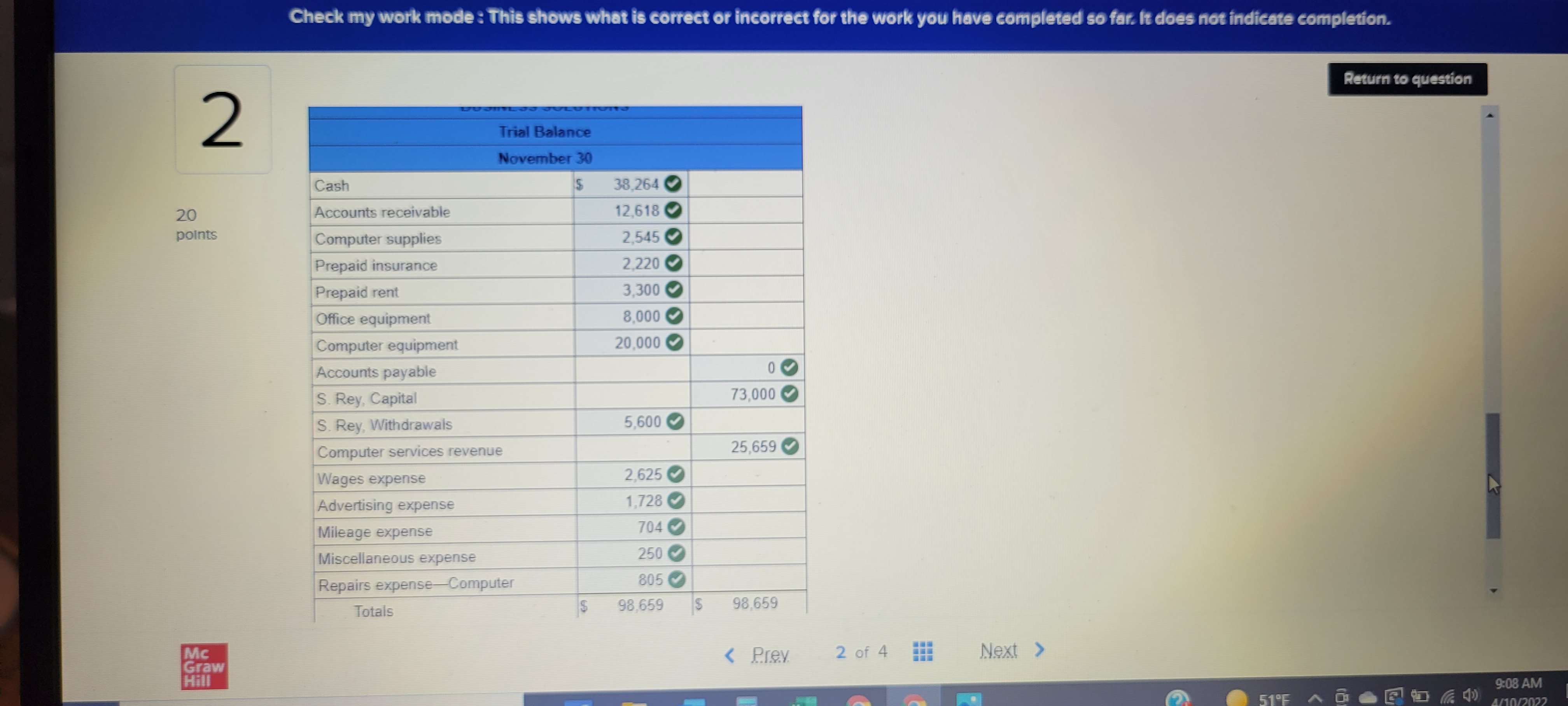 missing. Return to question 2 Oct. 1 S. Rey invested $45,000 cash,