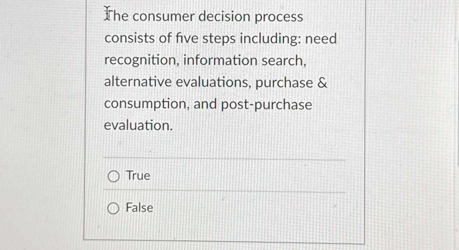  The consumer decision process consists of five steps including: need recognition,