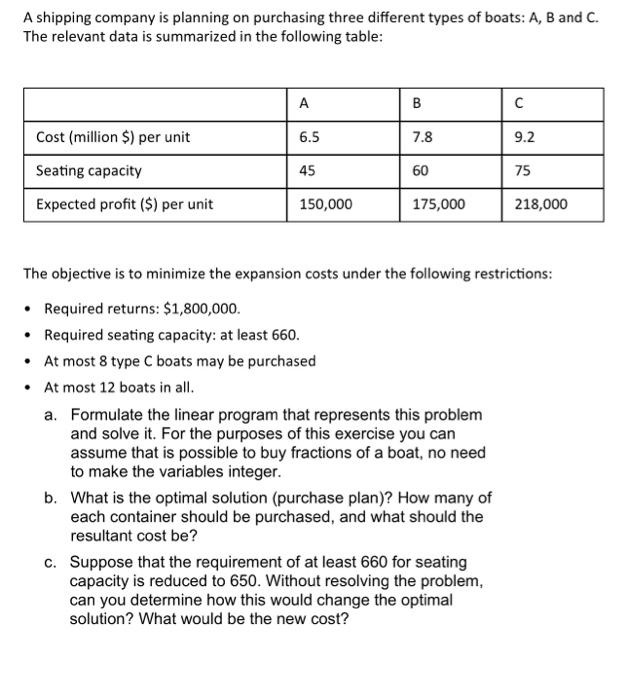  A shipping company is planning on purchasing three different types of