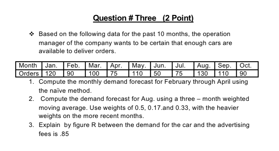  Question # Three (2 Point) Based on the following data for
