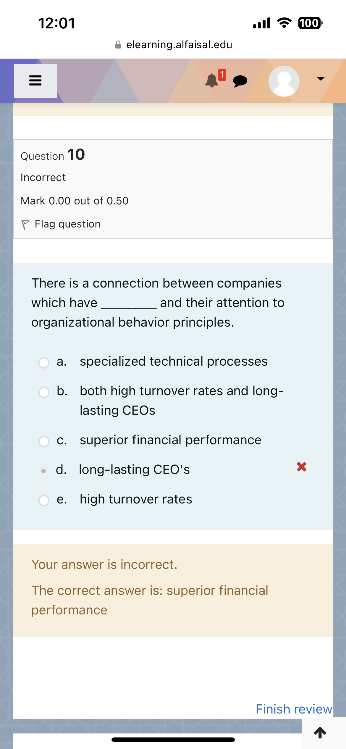  12:01 . Ill ? 100 elearning.alfaisal.edu Question 10 Incorrect Mark 0.00