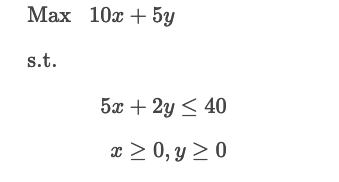  Find the optimal values for x and y Max,10x+5y s.t. ,5x+2y40