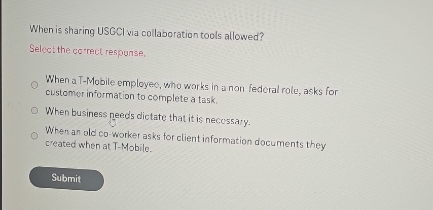  When is sharing USGCI via collaboration tools allowed? Select the correct