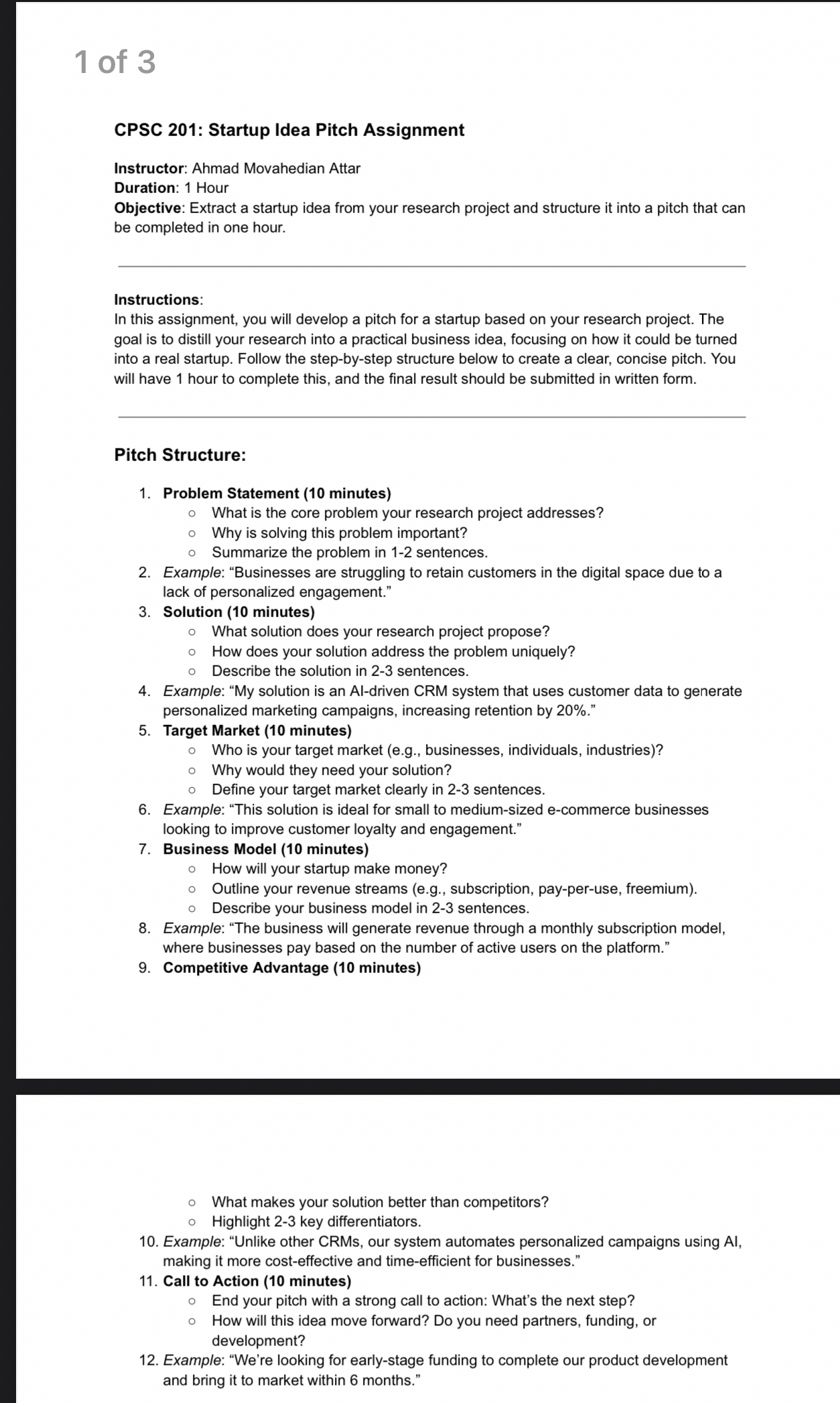  CPSC 201: Startup Idea Pitch Assignment Instructor: Ahmad Movahedian Attar Duration:
