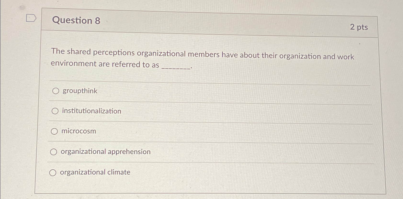  Question 8 2pts The shared perceptions organizational members have about their
