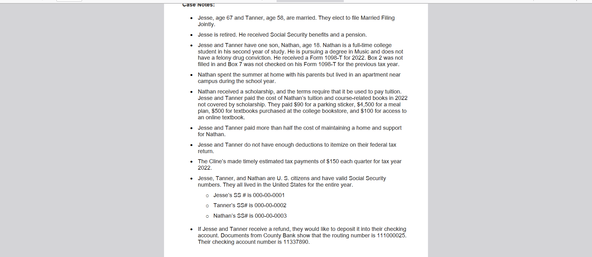  Case Notes: Jesse, age 67 and Tanner, age 58, are married.