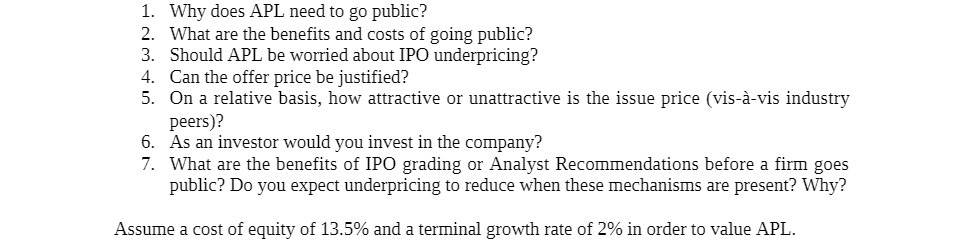  1. Why does APL need to go public? 2. What are