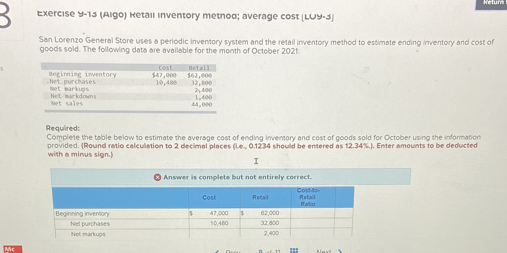  Return Exercise y-13 (Algo) Retail Inventory method; average cost [LUy-3] San