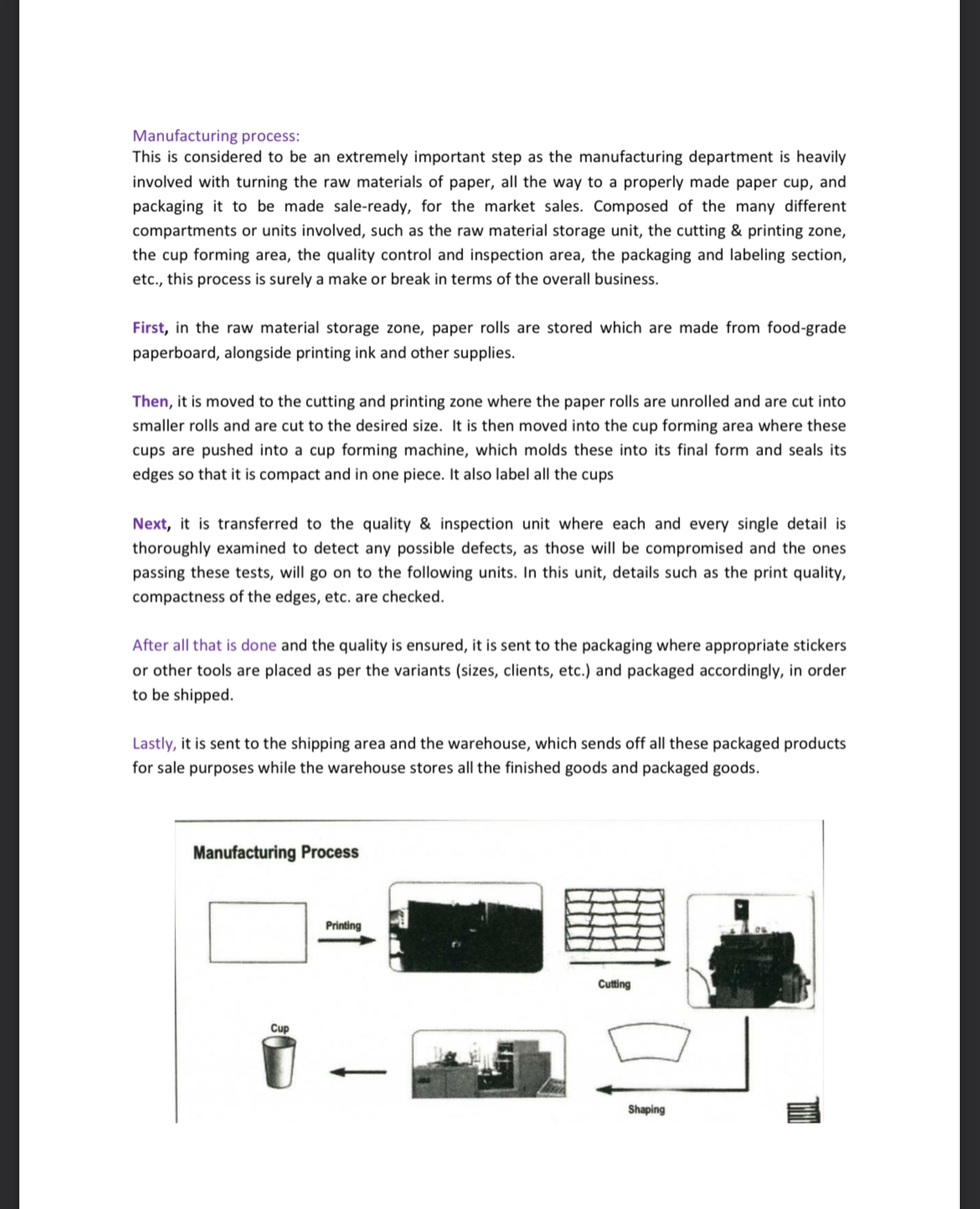 Write a manufacturing process, dependent on the case below and write it