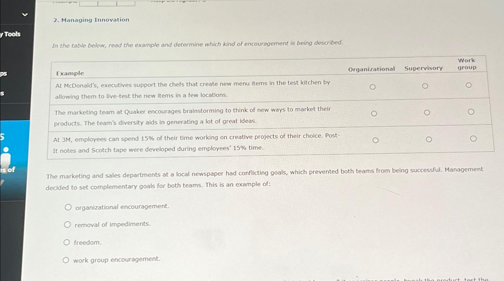  Managing Innovation In the table below, read the example and determine