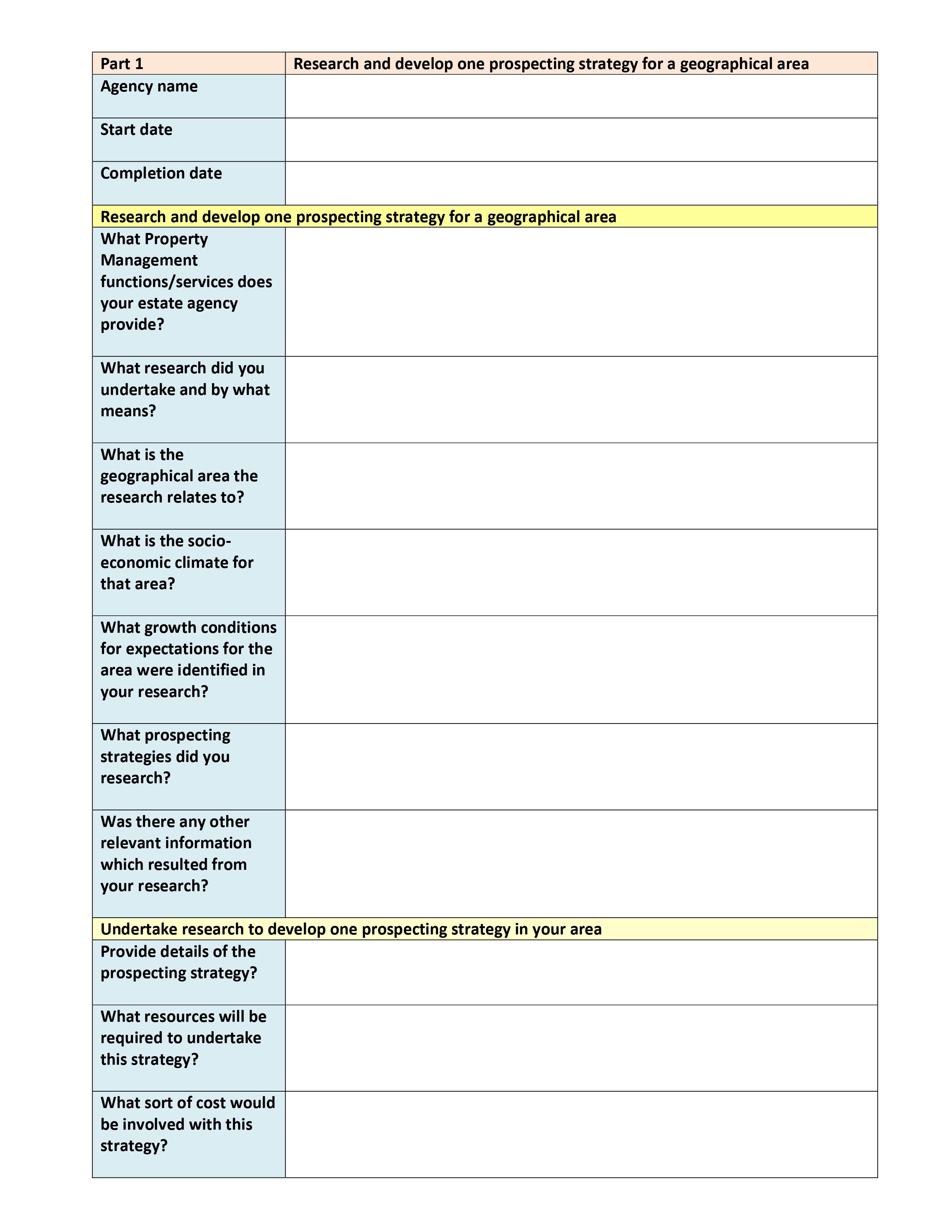 three tasks: Research and develop one prospecting strategy for a geographical area,