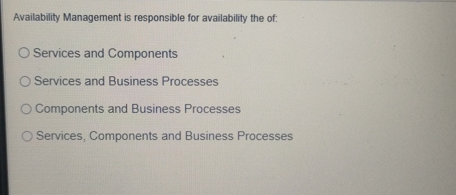  Availability Management is responsible for availability the of: Services and Components