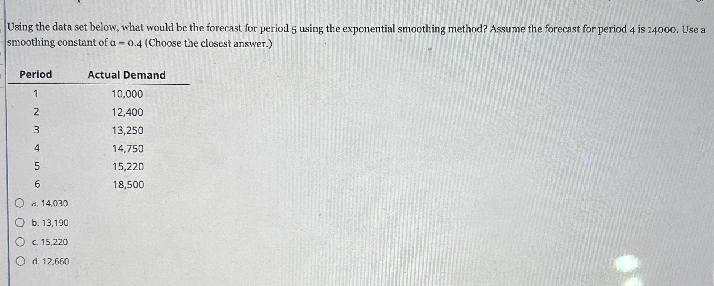  Using the data set below, what would be the forecast for