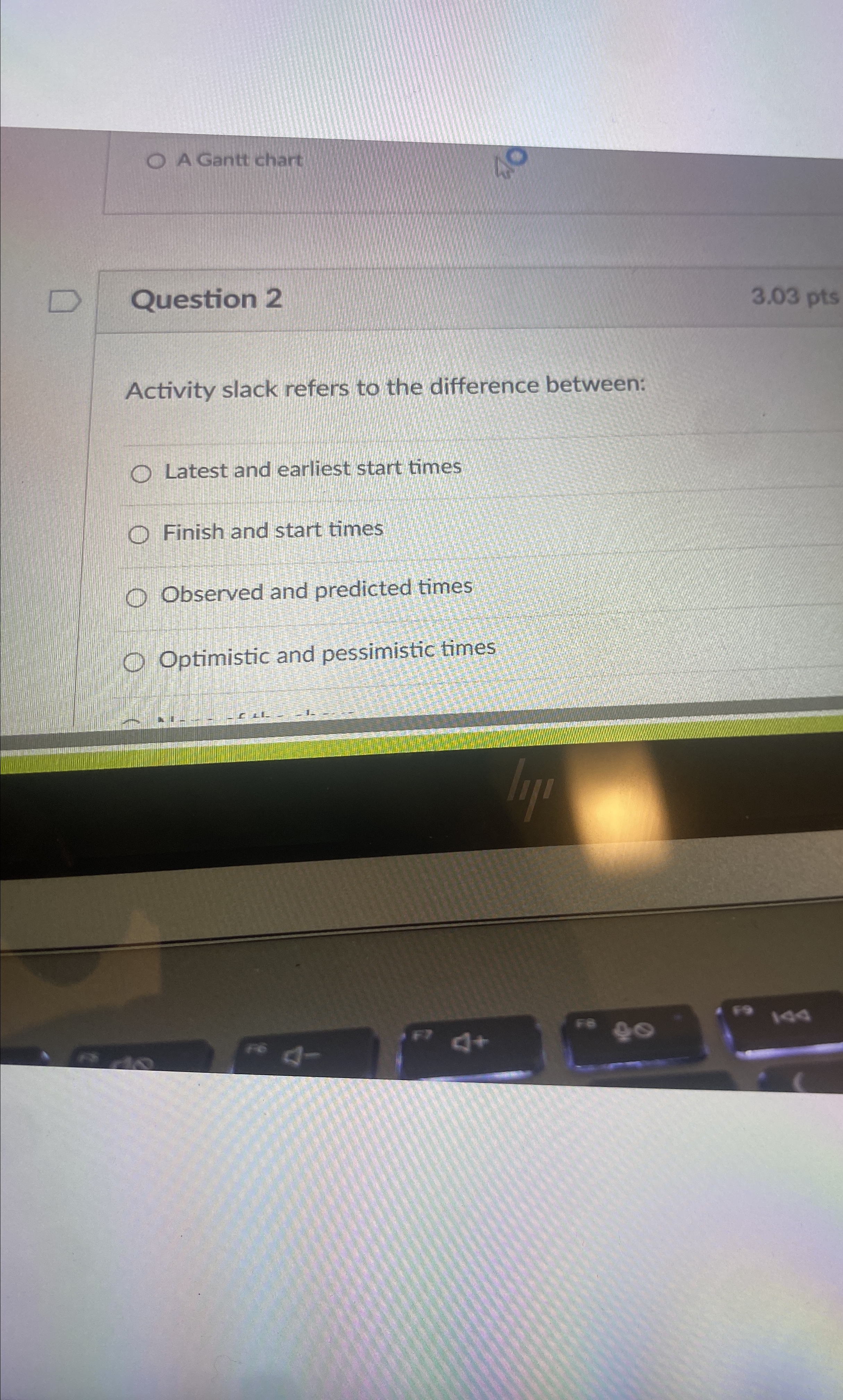  Question 2 3.03 pts Activity slack refers to the difference between:
