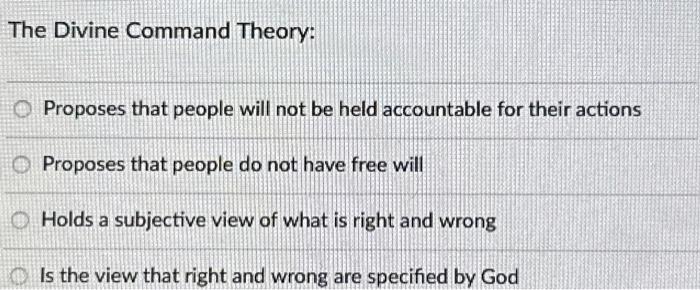  The Divine Command Theory: A) Proposes that people will not be