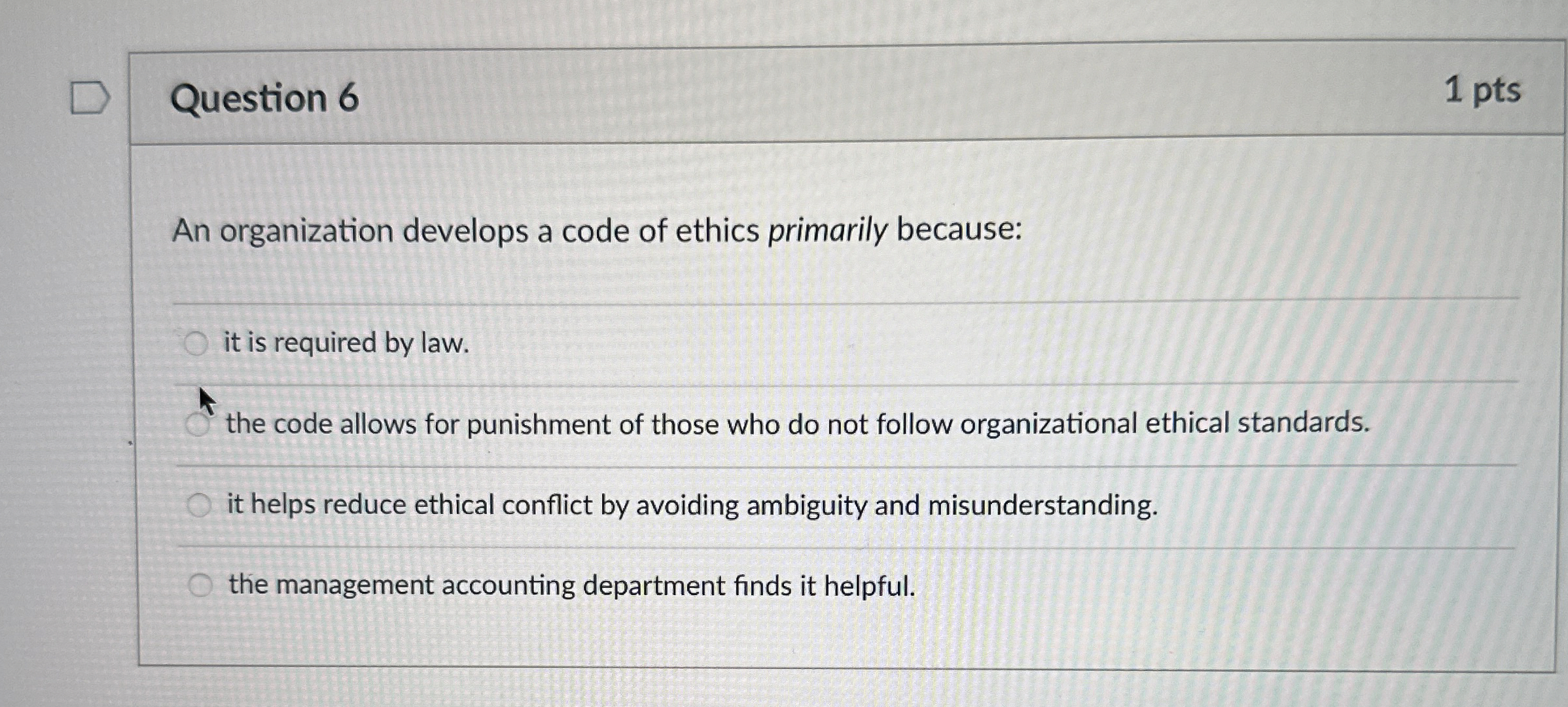  Question 6 1 pts An organization develops a code of ethics