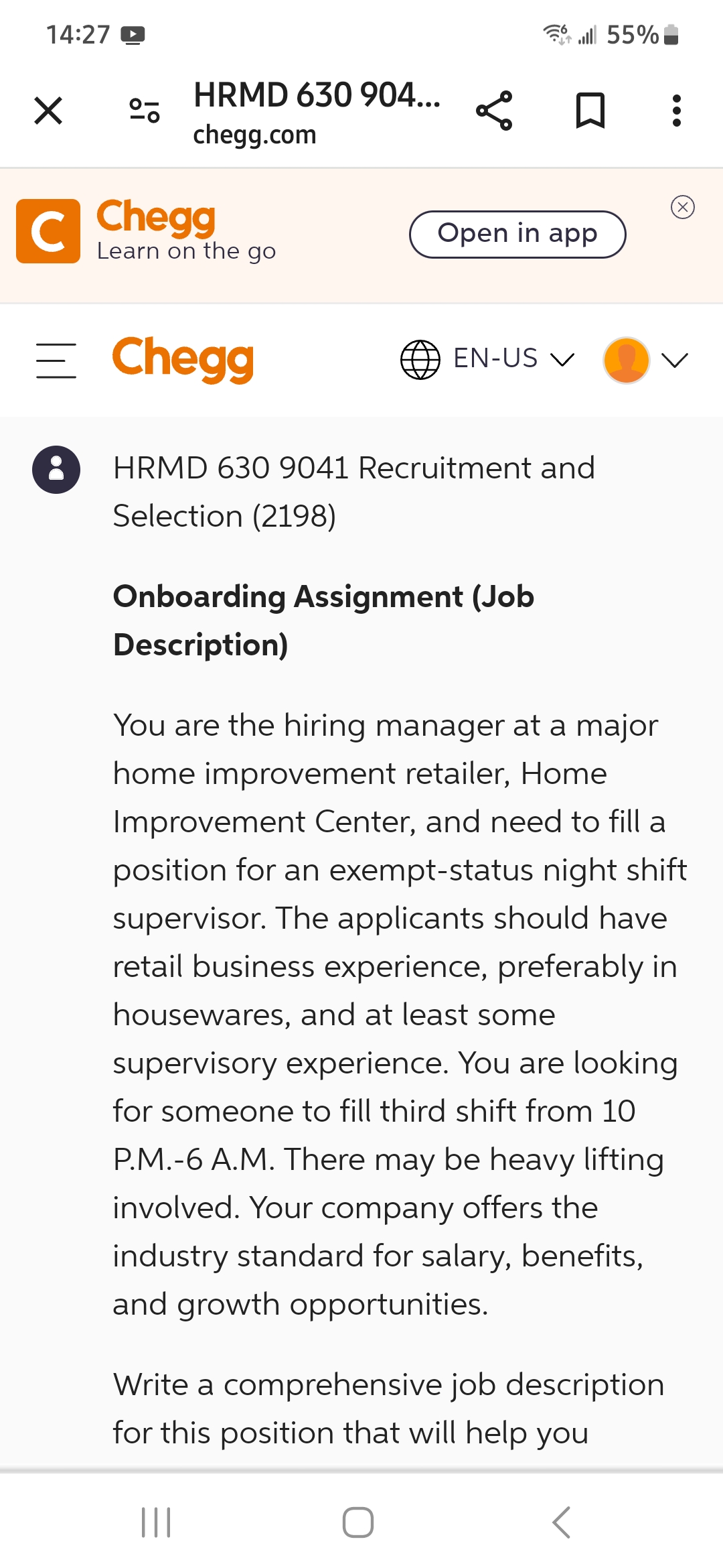  Selection (2198) Onboarding Assignment (Job Description) You are the hiring manager