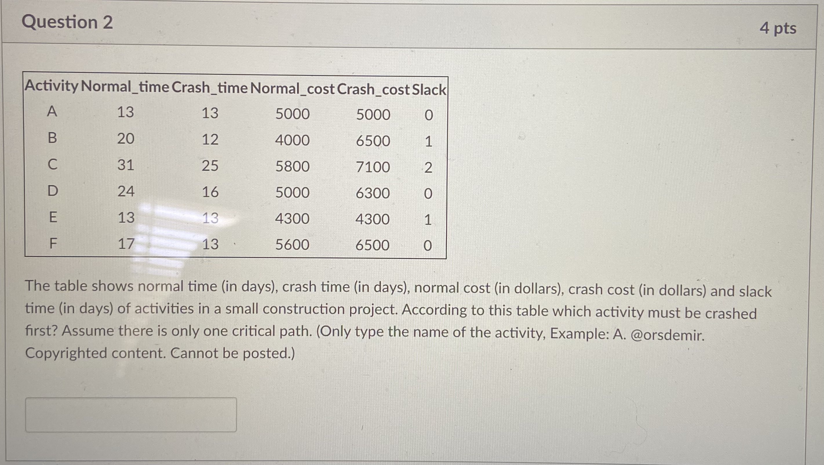 crash time (in days), normal cost (in dollars), crash cost (in dollars)