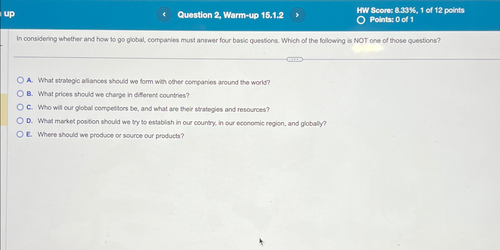  Question 2, Warm-up 15.1.2 HW Score: 8.33%,1 of 12 points Points: