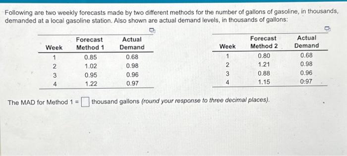  Following are two weekly forecasts made by two different methods for