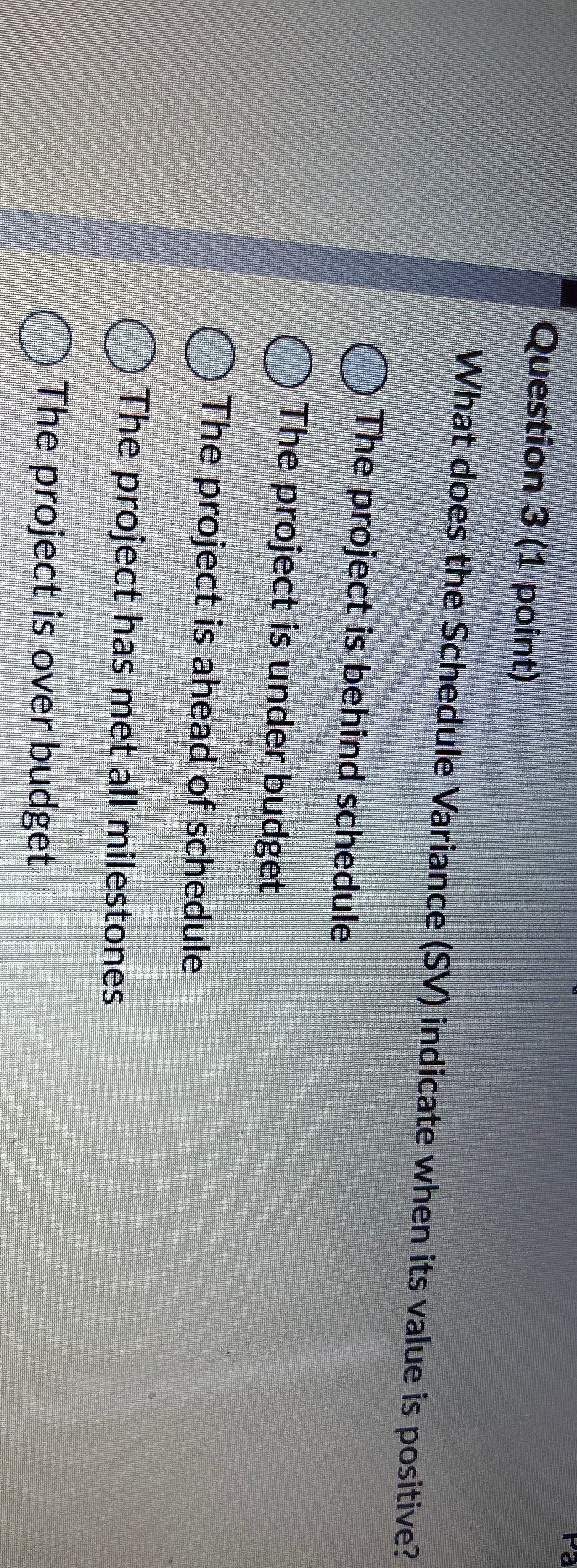  Question 3(1 point) What does the Schedule Variance (SV) indicate when