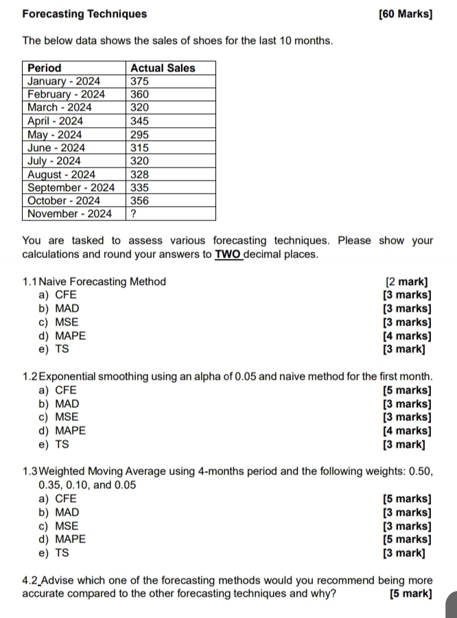 Forecasting Techniques [60 Marks] The below data shows the sales of