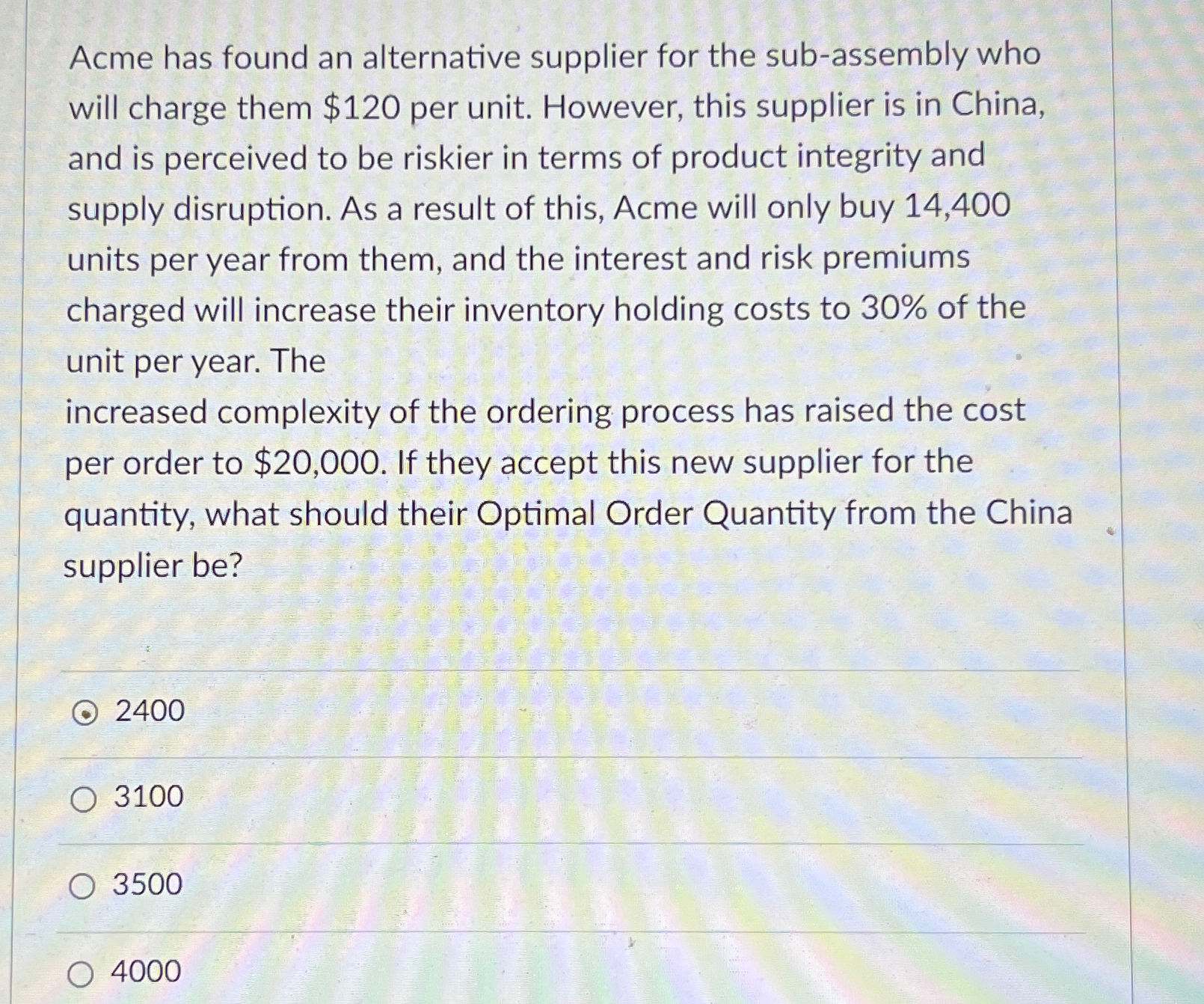  Acme has found an alternative supplier for the sub-assembly who will