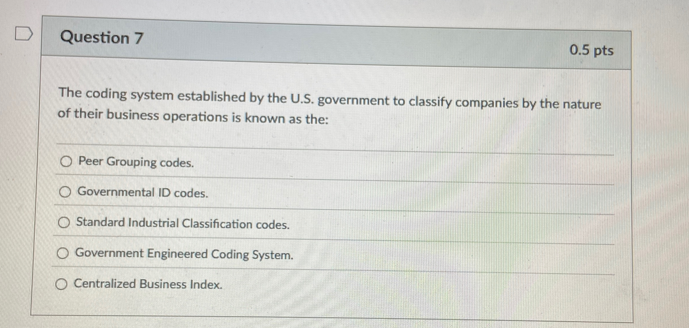  Question 7 0.5 pts The coding system established by the U.S.