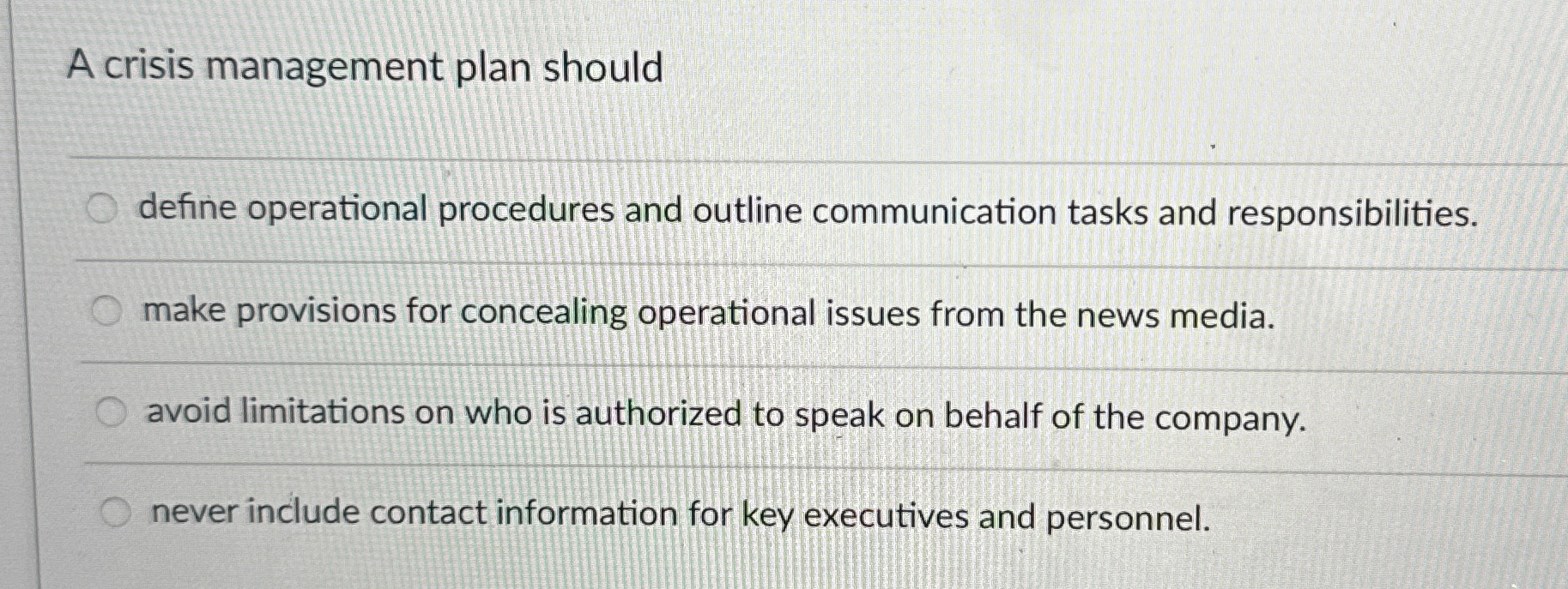  A crisis management plan should define operational procedures and outline communication