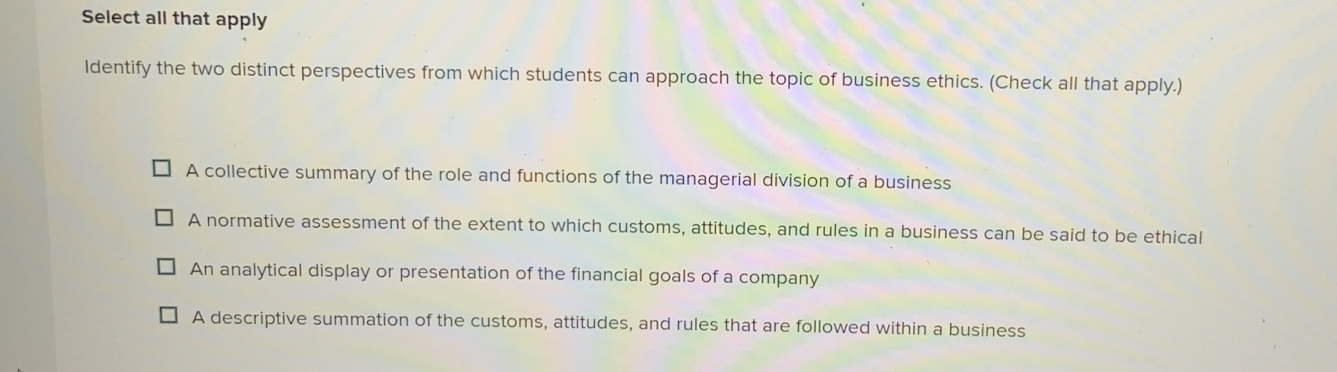  Select all that apply Identify the two distinct perspectives from which