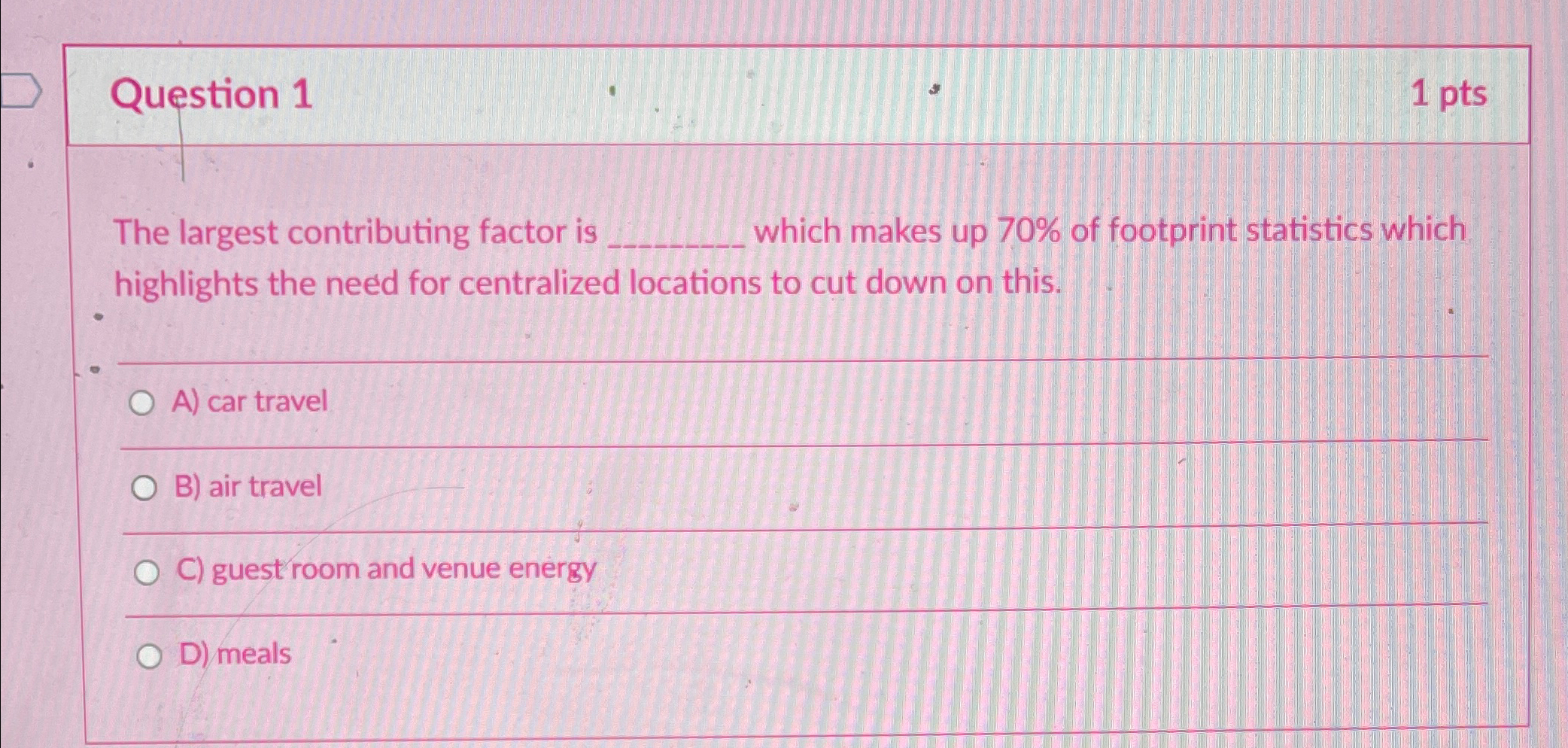  Question 1 1 pts The largest contributing factor is which makes