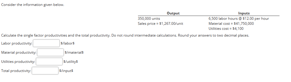  Consider the information given below. Calculate the single factor productivities and