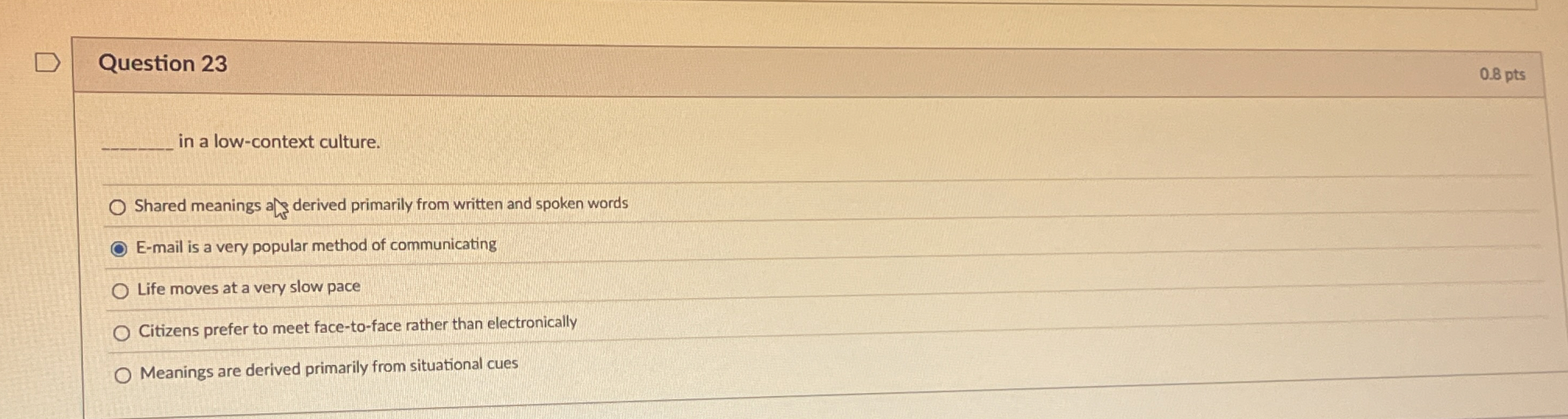  Question 23 in a low-context culture. Shared meanings derived primarily from