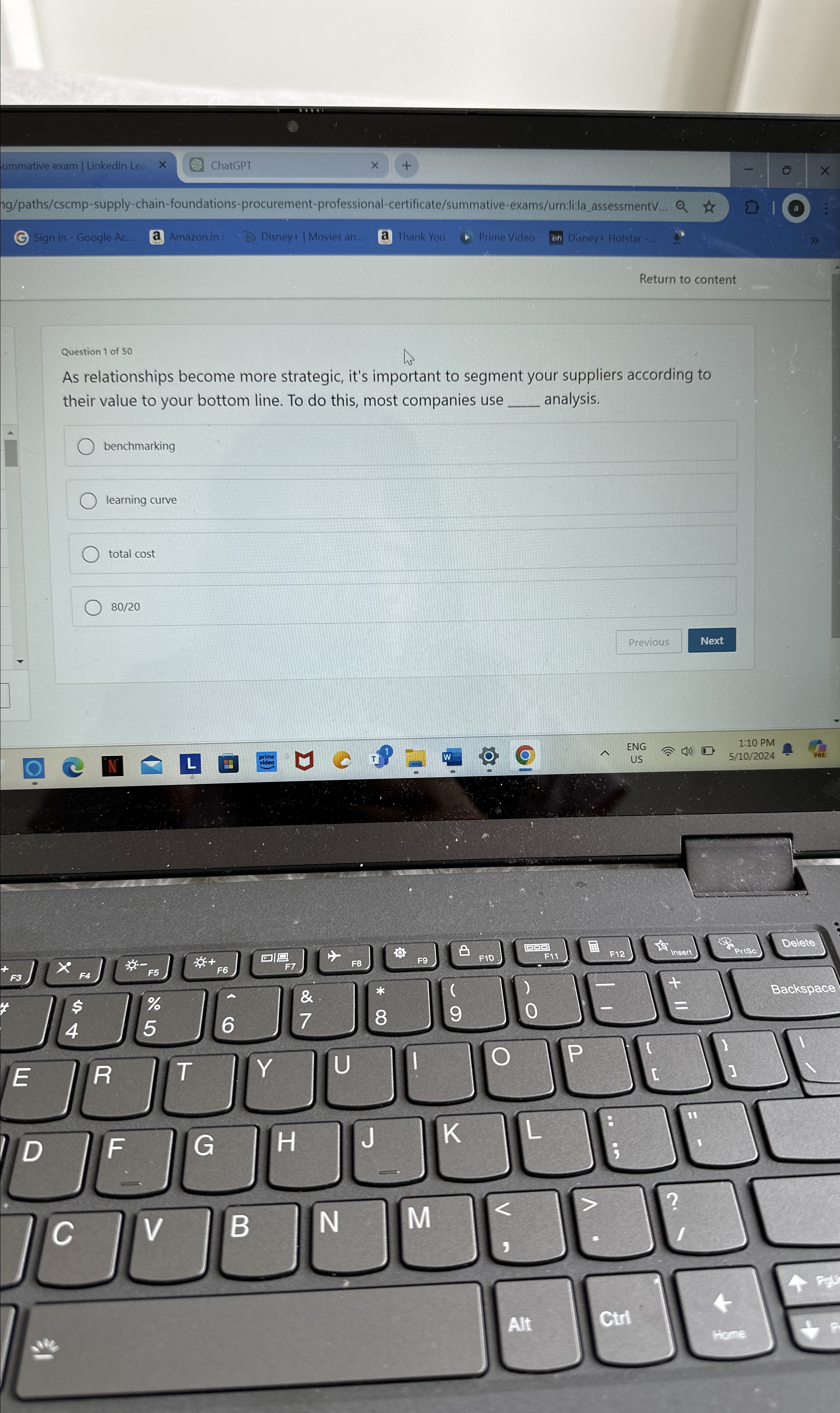  ChatGPT ig/paths/cscmp-supply-chain-foundations-procurement-professional-certificate/summative-exams/urn:li:la_assessmentV. Return to content Question 1 of 50 As relationships