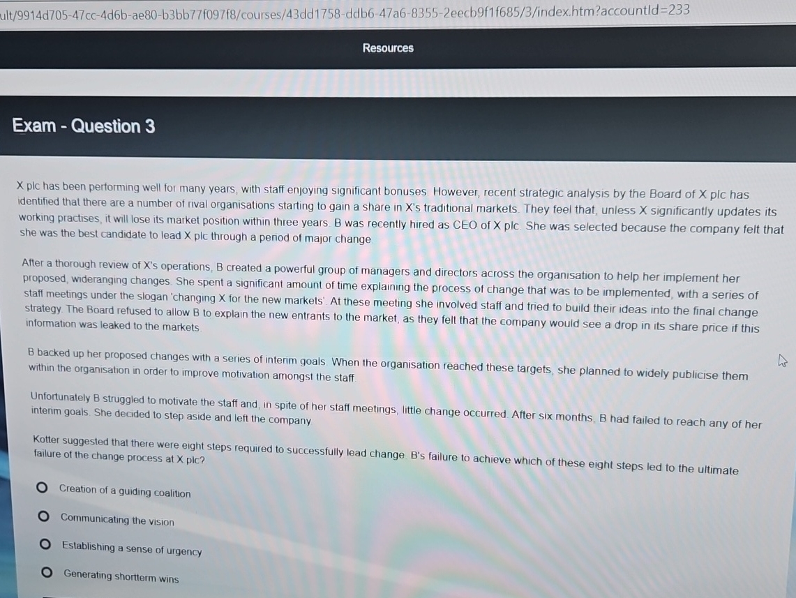  ult/9914d705-47cc-4d6b-ae80-b3bb77f097f8/courses/43dd1758-ddb6-47a6-8355-2eecb9f1f685/3/index.htm?accountld=233 Resources Exam - Question 3 x plc has been performing
